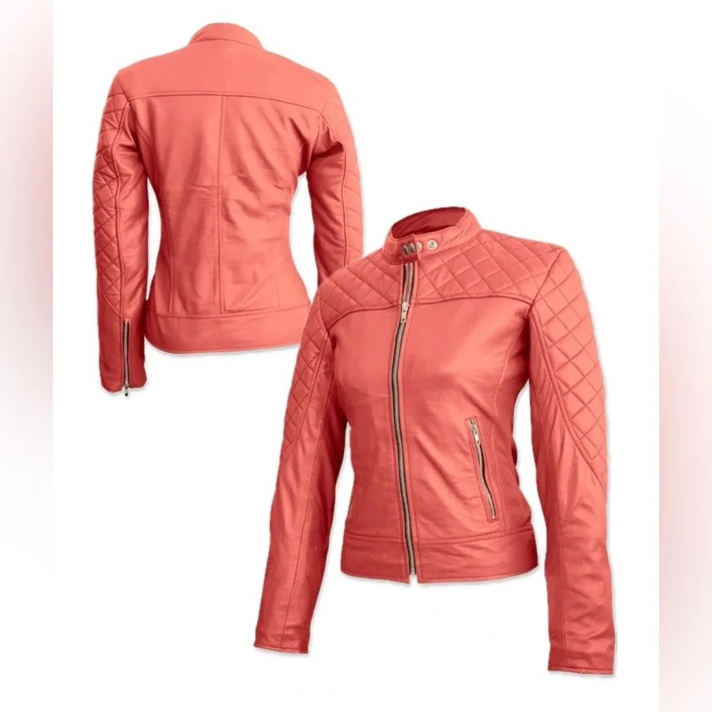 NWT [Leather Skin] Quilted 100% Genuine Leather Moto Jacket in Pink Women’s L - Picture 3 of 15